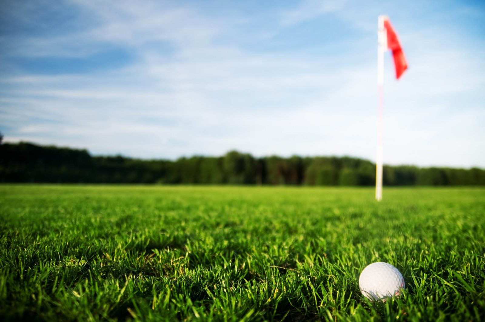 Golf field with green grass and red flag.